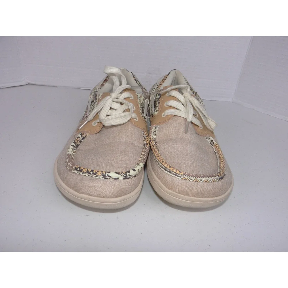 Womens Boat Shoes Tan Canvas Geometric Pattern Trim Moccasins 3771